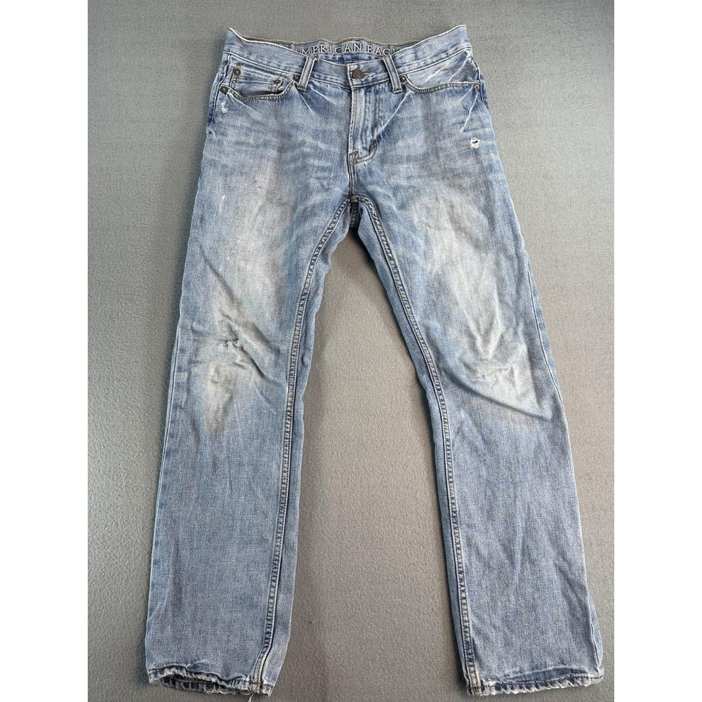 American Eagle Slim Straight Jeans Mens 30x30 Light Wash Blue Distressed‎ Denim